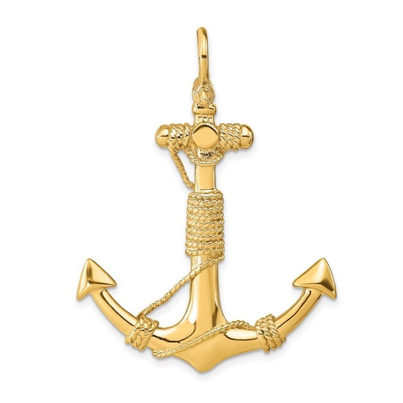 10k Yellow Gold Nautical 3-D Solid Large Anchor w Rope Necklace Charm Pendant